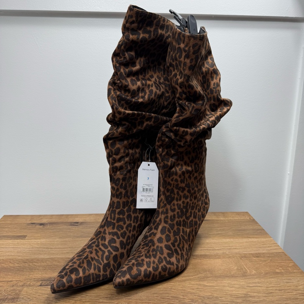 NWT Time & Tru Leopard Print Faux Suede Slouch Boots Kitten Heels Women’s 8 1/2